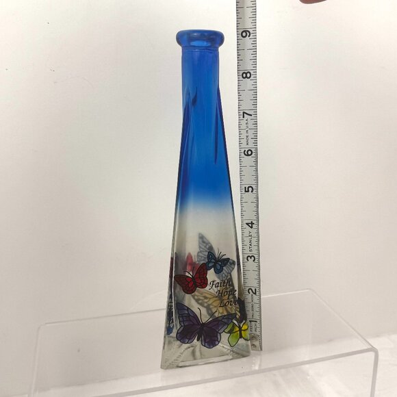 Joan Baker Designs Vtg Cobalt Art Stained Glass Bud Vase Butterflies Faith Hope - Picture 9 of 10
